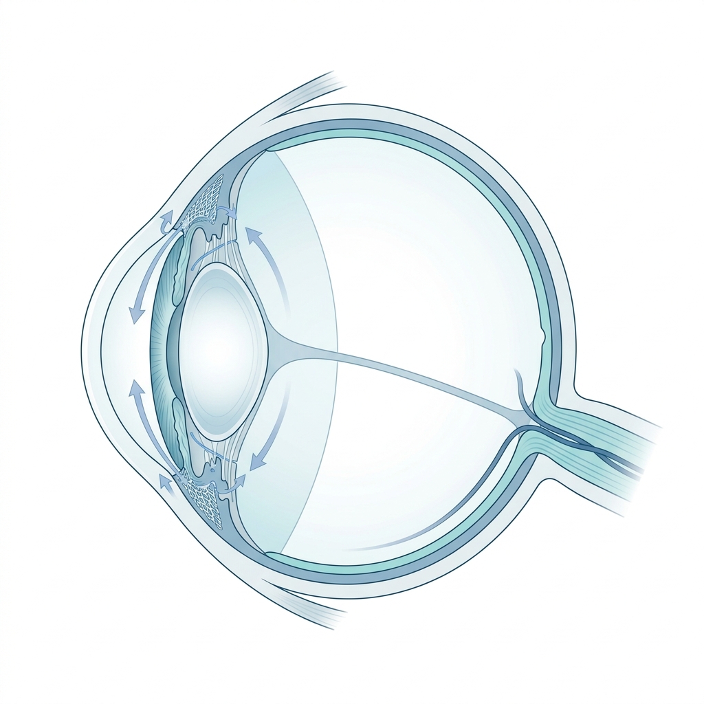 Medical illustration of eye anatomy and aqueous humor flow